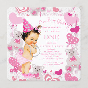 Teddy Bears Hearts Girls 1st Birthday Party Invitation
