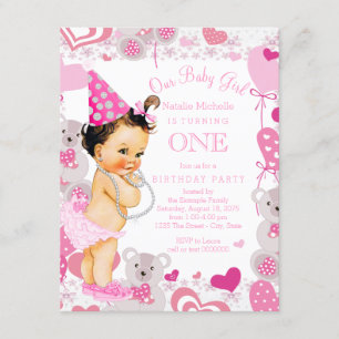 Teddy Bears Hearts Girls 1st Birthday Party Invitation