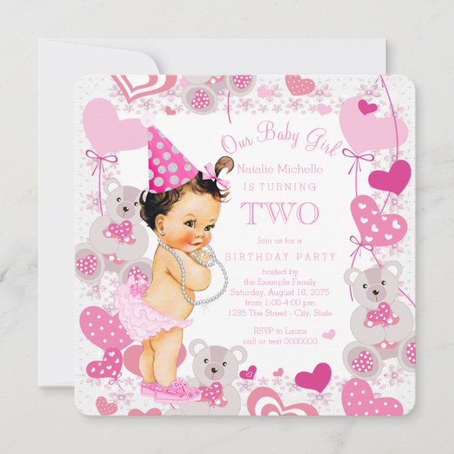 Teddy Bears Hearts Girls 2nd Birthday Party Invitation (Front)