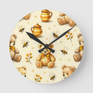 Teddy Bears Honey Bees Nursery Pattern Round Clock