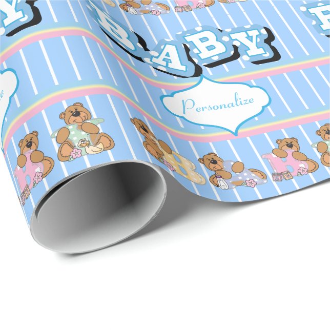 Teddy Bears 🐻 in Blue  | Personalise Wrapping Paper (Roll Corner)