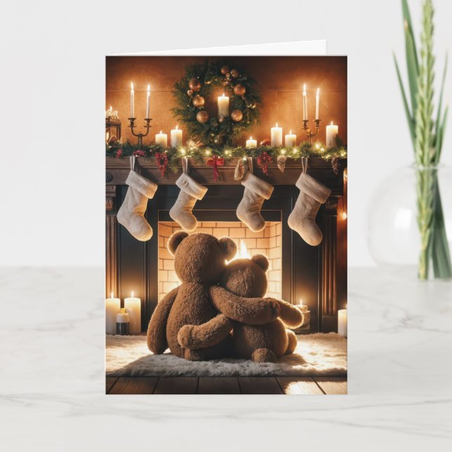 Teddy Bears In Front Of A Christmas Fireplace Card (Front)