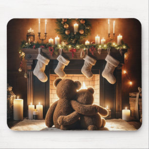 Teddy Bears In Front Of A Christmas Fireplace Mouse Mat