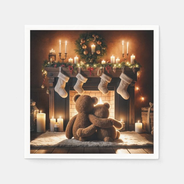 Teddy Bears In Front Of A Christmas Fireplace Napkin (Front)