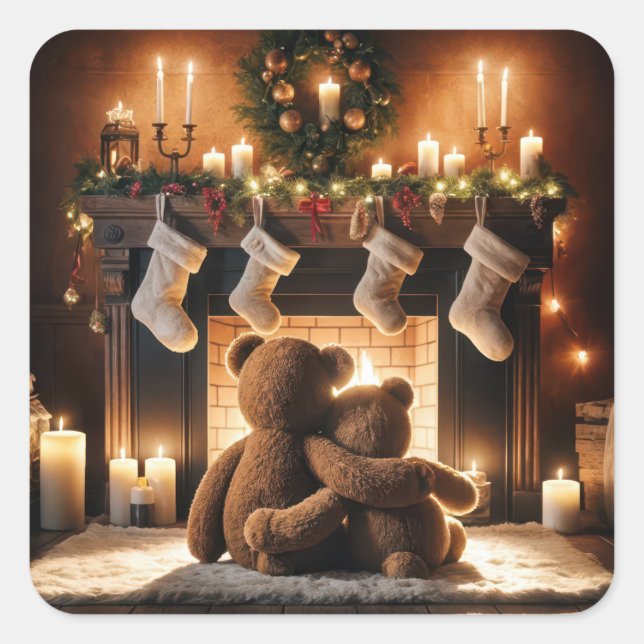 Teddy Bears In Front Of A Christmas Fireplace Square Sticker (Front)