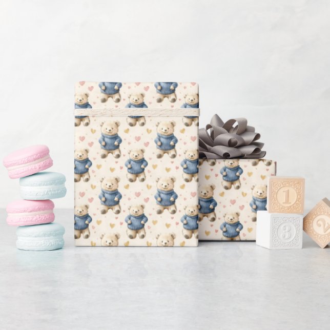 Teddy Bears in Heart Sweaters Wrapping Paper (Baby Shower)