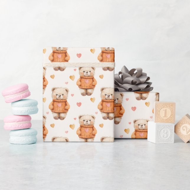 Teddy Bears in Orange Sweaters Wrapping Paper (Baby Shower)