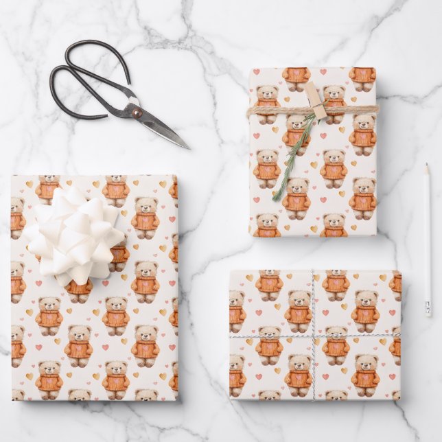 Teddy Bears in Orange Sweaters Wrapping Paper Sheet (Front)
