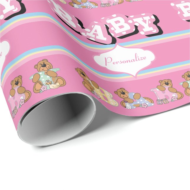 Teddy Bears in Pink  | Personalise Wrapping Paper (Roll Corner)