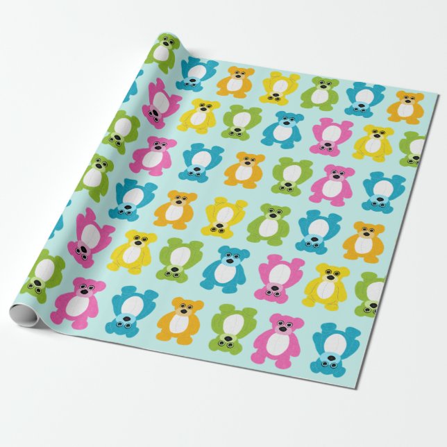 Teddy Bears in Rainbow Colours on Mint Background Wrapping Paper (Unrolled)
