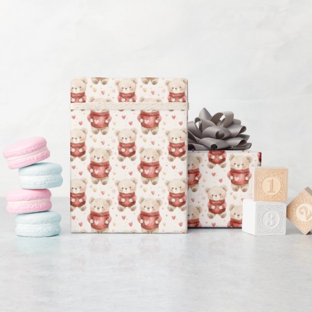 Teddy Bears in Red Sweaters Wrapping Paper (Baby Shower)