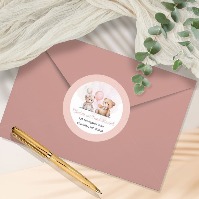 Teddy Bears It's A Girl Bearly Wait Baby Shower Classic Round Sticker (Creator Uploaded)