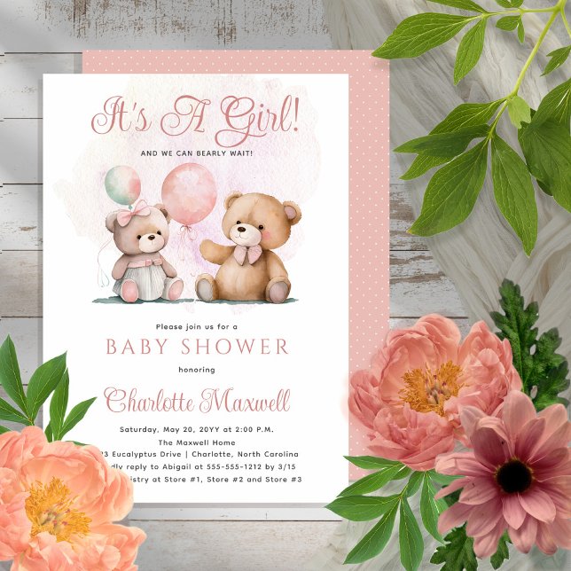 Teddy Bears It's A Girl Bearly Wait Baby Shower Invitation (Creator Uploaded)