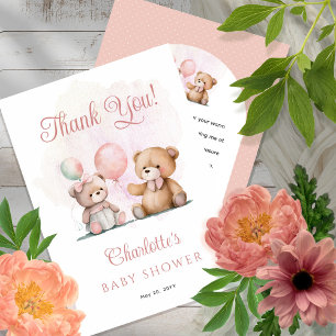 Teddy Bears It's A Girl Bearly Wait Baby Shower Thank You Card