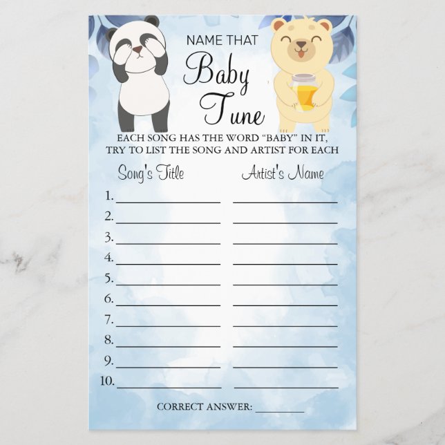 Teddy Bears Name that baby tune shower game card (Front)