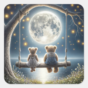 Teddy Bears On a Swing In the Moonlight Square Sticker