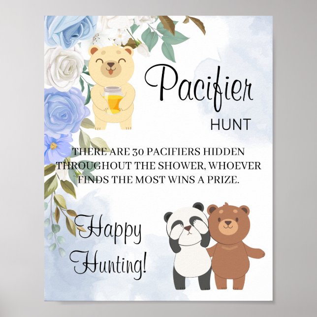 Teddy Bears Pacifier Hunt Baby Shower Game Sign (Front)