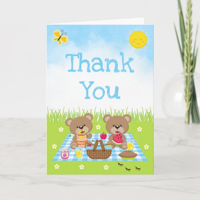 Teddy Bears Picnic Birthday Blue Gingham Thank You Card (Front)