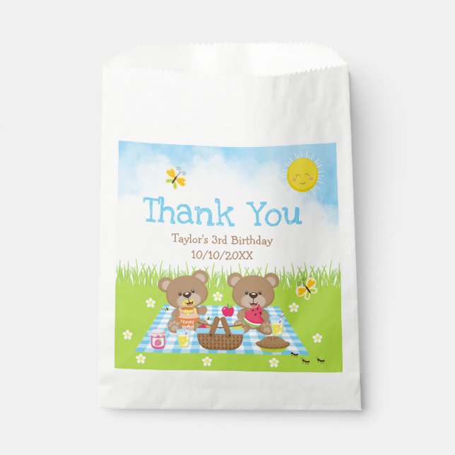 Teddy Bears Picnic Birthday Blue Gingham Thank You Favour Bags (Front)