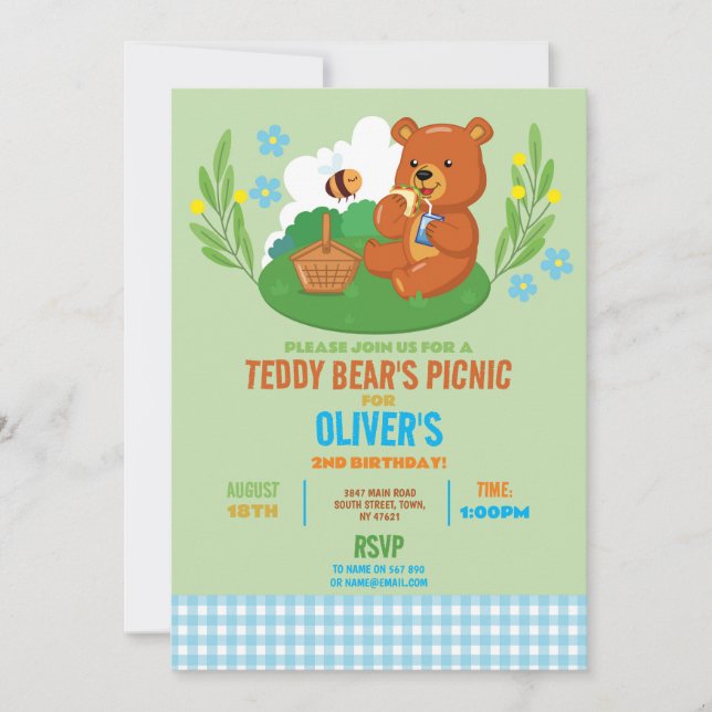 Teddy Bear's Picnic Birthday Party Park Blue Invitation (Front)