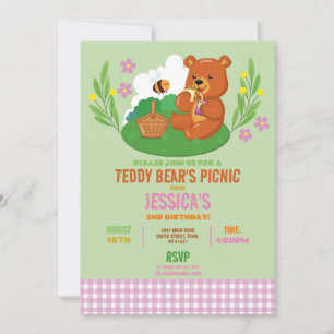 Teddy Bear's Picnic Birthday Party Park Pink Invitation