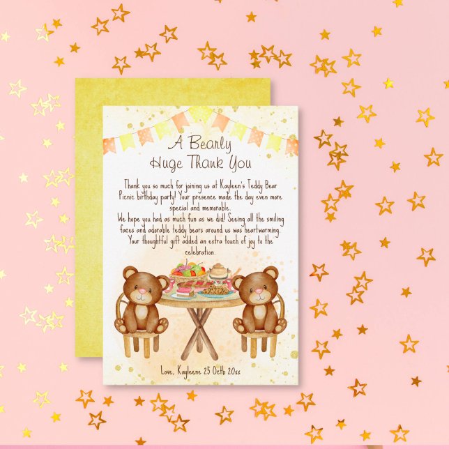 Teddy bears picnic birthday party thank you card (Teddy bear picnic birthday thank you card two cute teddies at the picnic party table)
