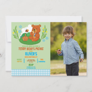Teddy Bear's Picnic Birthday Photo Park Blue Invitation