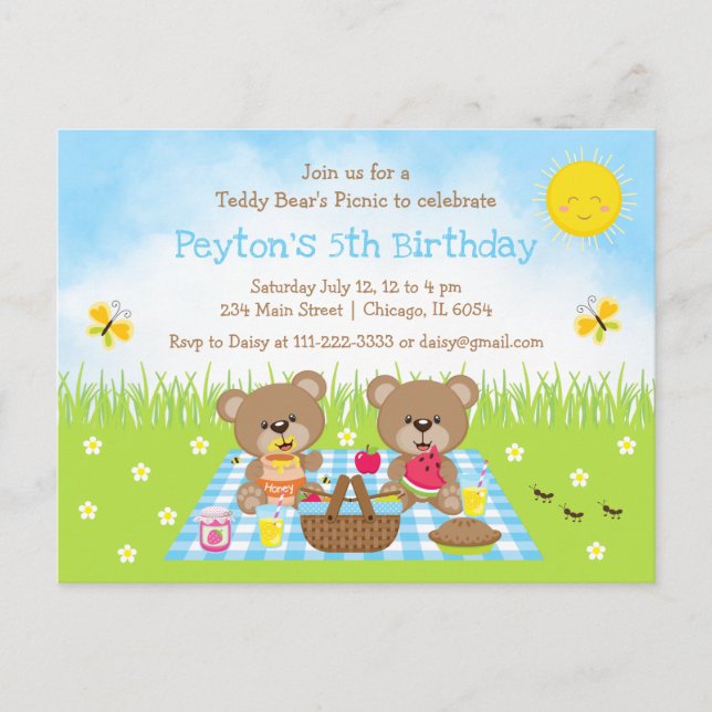 Teddy Bear's Picnic Blue Gingham Birthday Postcard (Front)
