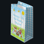 Teddy Bears Picnic Blue Gingham Happy Birthday Small Gift Bag<br><div class="desc">This cute and whimsical gift bag can be personalised with a name or title, such as son, grandson, nephew, friend etc. It features adorable bears having a picnic on a blue gingham cloth with treats such as honey, watermelon, strawberry jam, lemonade and pie. In the background is a bright blue...</div>