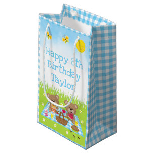 Teddy Bears Picnic Blue Gingham Happy Birthday Small Gift Bag