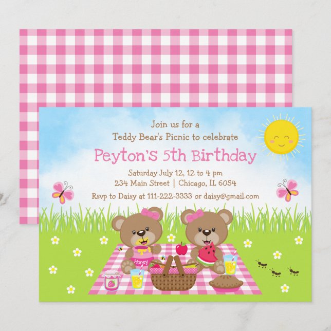 Teddy Bear's Picnic Pink Gingham Birthday Invitation (Front/Back)