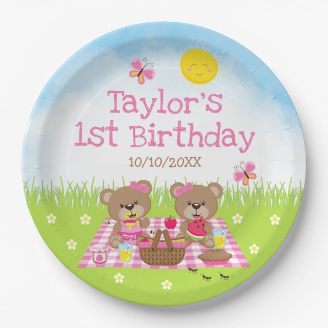 Teddy Bears Picnic Pink Gingham Birthday Party Paper Plate (Front)