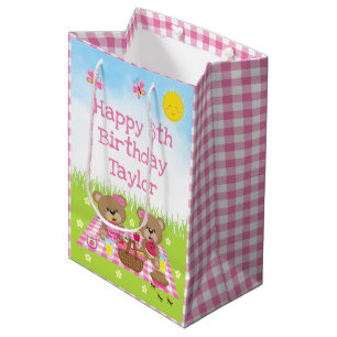 Teddy Bears Picnic Pink Gingham Happy Birthday Medium Gift Bag