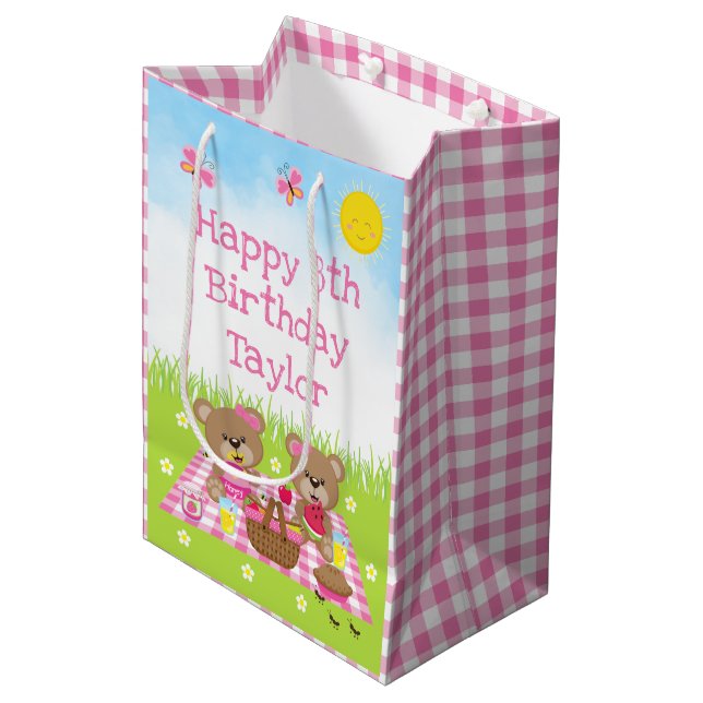 Teddy Bears Picnic Pink Gingham Happy Birthday Medium Gift Bag (Front Angled)