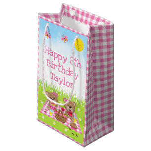 Teddy Bears Picnic Pink Gingham Happy Birthday Small Gift Bag
