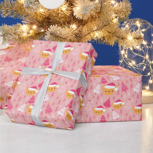Teddy Bears Santa Hats Trees Pink Christmas Wrapping Paper (Holidays)