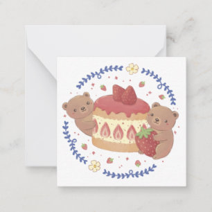 Teddy Bears & Strawberry Cake Illustration Card
