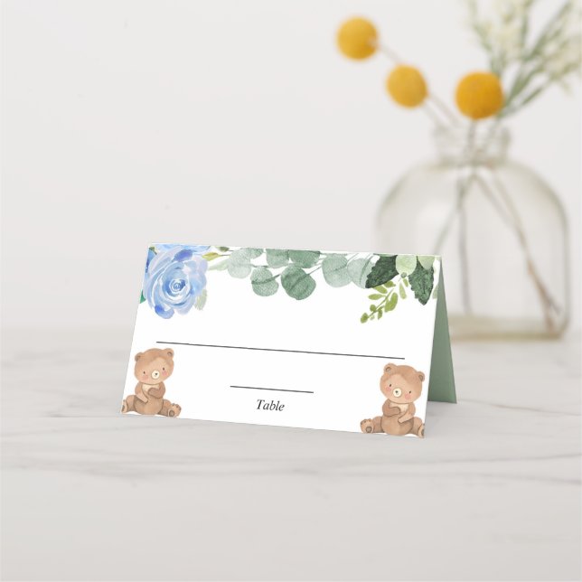 Teddy bears twin blue greenery floral place card (Front)