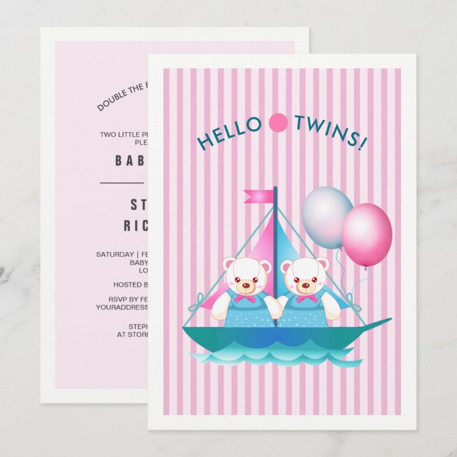Teddy Bears Twin Girls Baby Shower  Invitation (Front/Back)