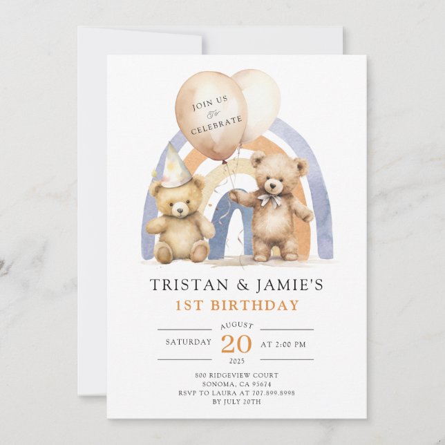 Teddy Bears Twins 1st Birthday Watercolor  Invitation (Front)