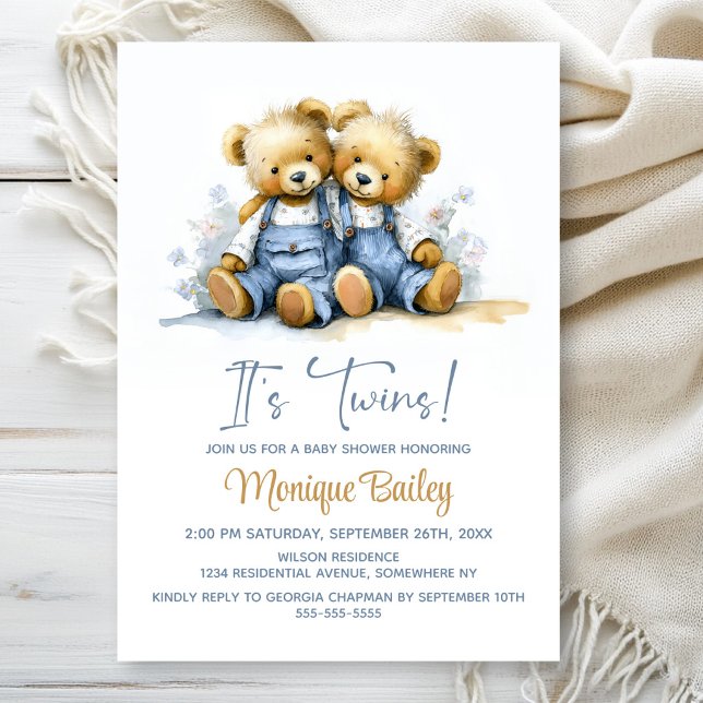 Teddy Bears Twins Baby Shower Invitation (Creator Uploaded)
