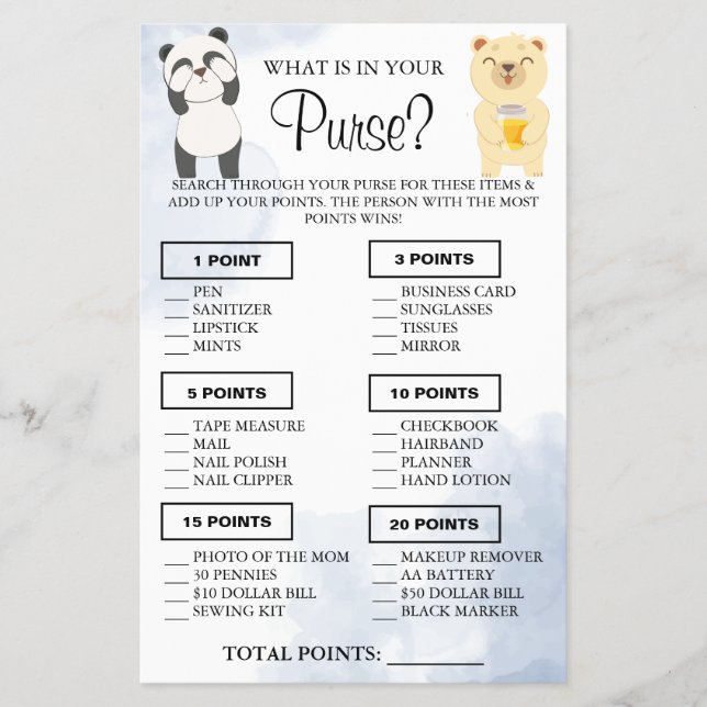 Teddy Bears What is in your purse Shower game card (Front)