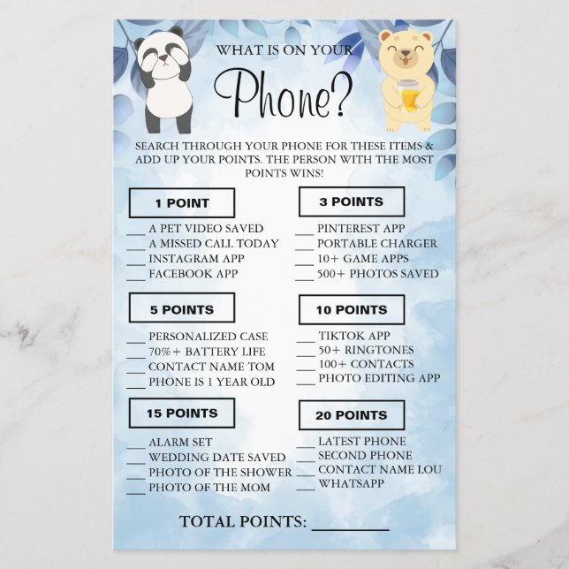 Teddy Bears What is on your phone Shower game card (Front)