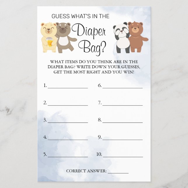 Teddy Bears What's in the diaper bag shower game Flyer (Front)