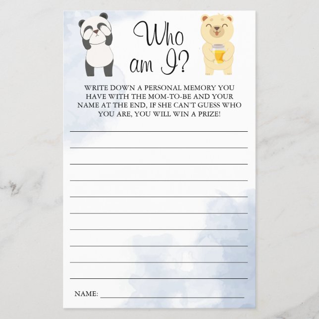 Teddy Bears Who am I Baby shower game card (Front)