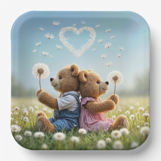 Teddy Bears With Dandelion Heart Paper Plate (Front)