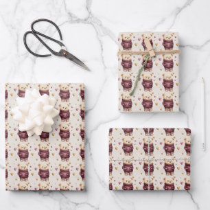 Teddy Bears with Purple & Gold Hearts Wrapping Paper Sheet