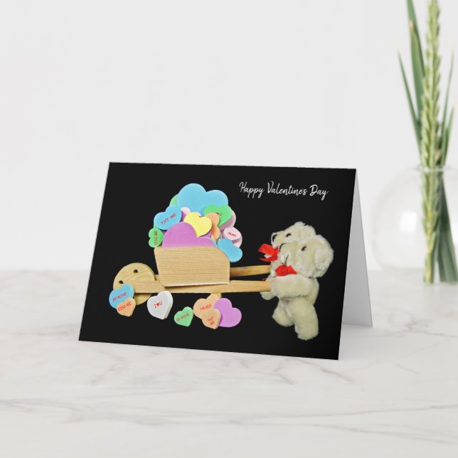 teddy bears with Valentine hearts in wheelbarrow Card (Front)