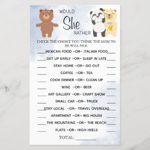 Teddy Bears Would She Rather baby shower game card