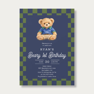 Teddy Beary 1st Birthday Checkboard Blue Green Invitation